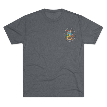 Tri-blend tee featuring large central circular graphic of overwhelmed ‘Beach Dad’ loaded down with chairs, umbrella, floatie and towels, with ‘66% beach dad’ ring