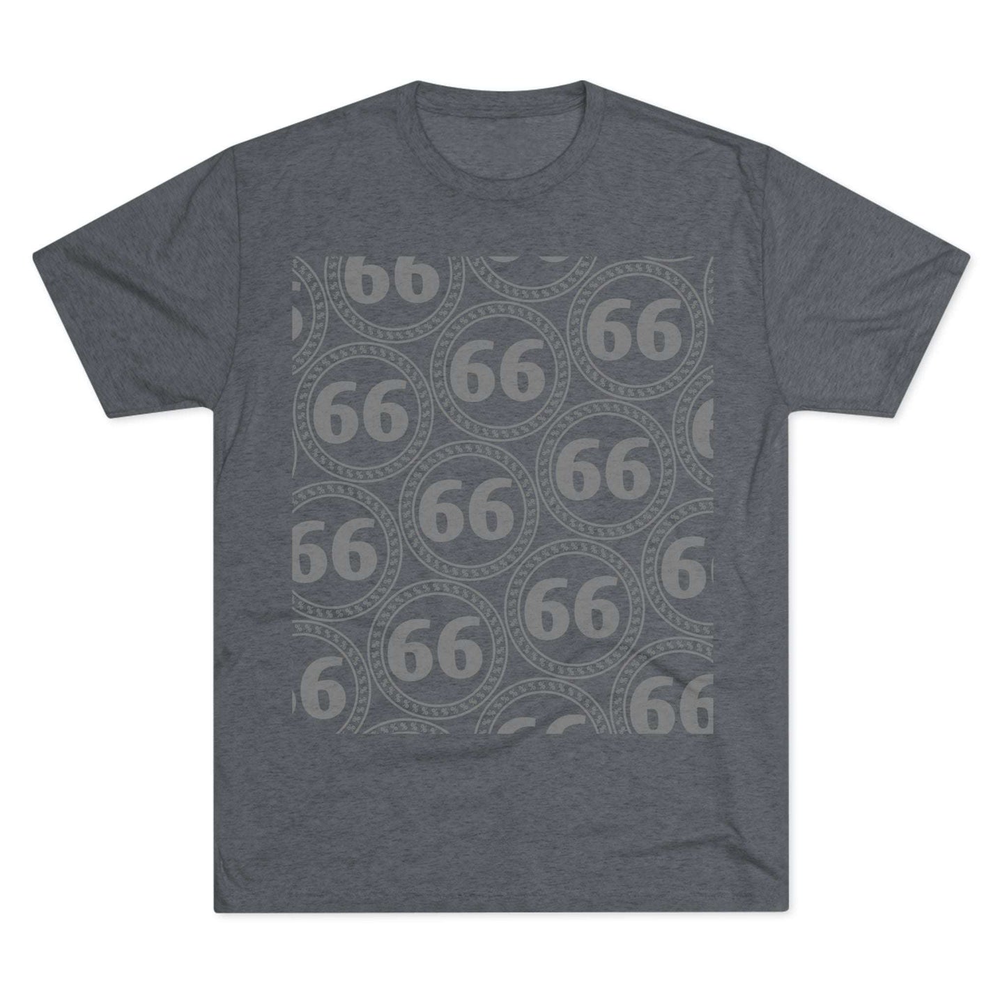 Retro 66% Pattern Tee— tri-blend graphic t-shirt flat-lay, repeating 66 circle pattern, casual vintage style.