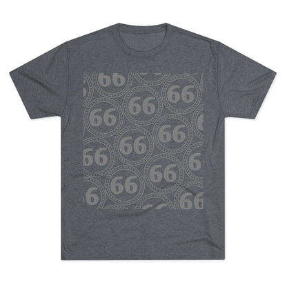 Retro 66% Pattern Tee— tri-blend graphic t-shirt flat-lay, repeating 66 circle pattern, casual vintage style.