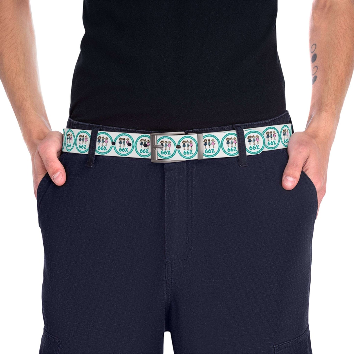 A white adjustable belt featuring a nickel buckle and a pattern of teal circles, each enclosing three stick-figure kids and the number ‘66%’.