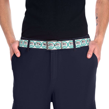 A white adjustable belt featuring a nickel buckle and a pattern of teal circles, each enclosing three stick-figure kids and the number ‘66%’.