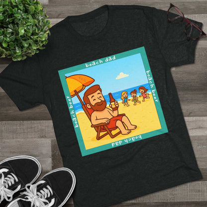 Beach Dad drinking beer on the sand with kids playing – 66% Tri-Blend Tee