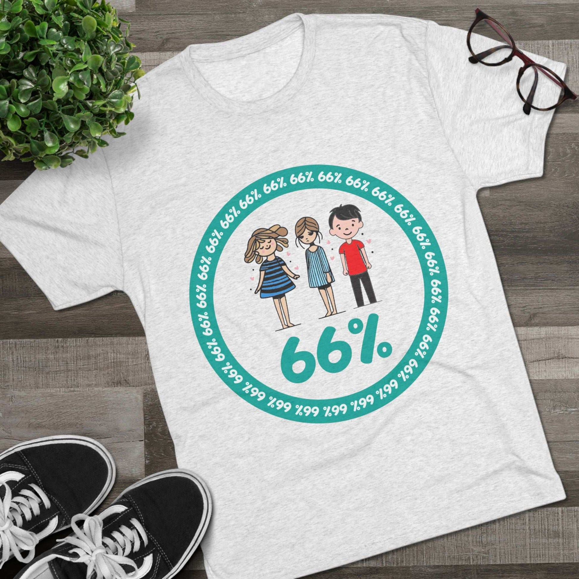Flat-lay of tri-blend tee with two cartoon girls and one boy inside a teal 66% circle and repeating 66% border