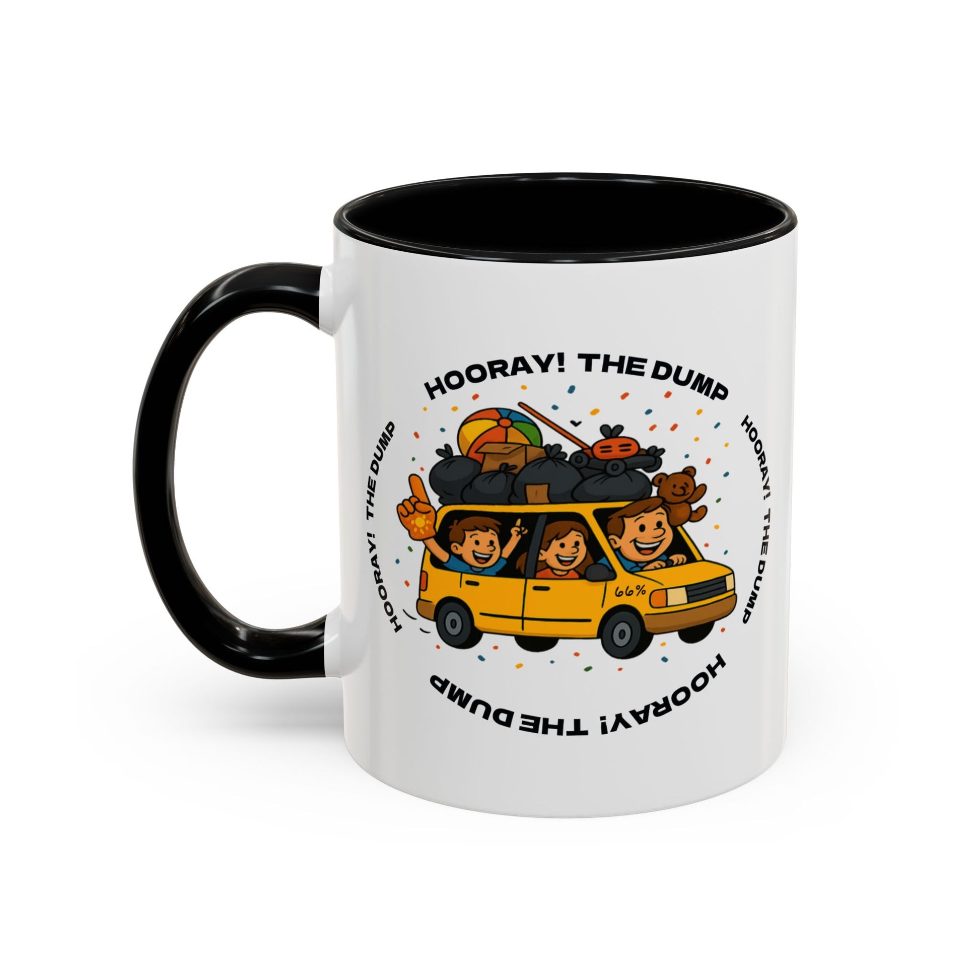 Cartoon yellow “66%” minivan mug decal with roof piled high in trash bags, lawnmower and beach ball, plus a smiling dad and two waving daughters amid confetti.