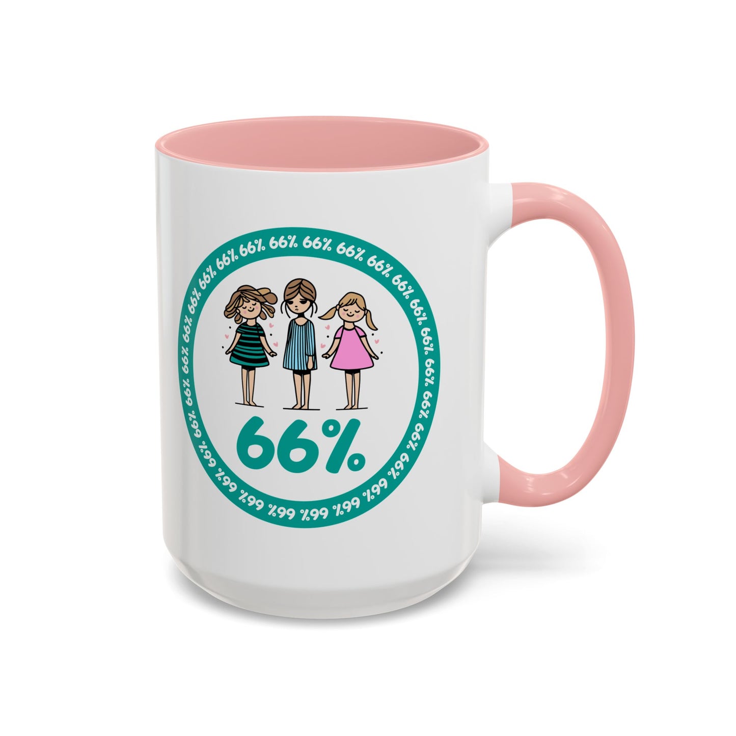 White 66% coffee mug with black handle, featuring three cute daughter illustrations in teal and pink—perfect gift for parents of three kids