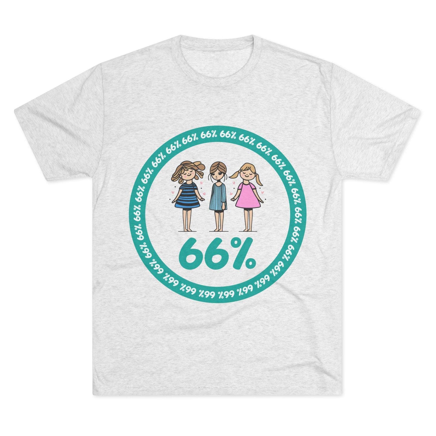 Flat-lay of tri-blend tee with three cartoon girls inside a teal 66% circle and repeating 66% border