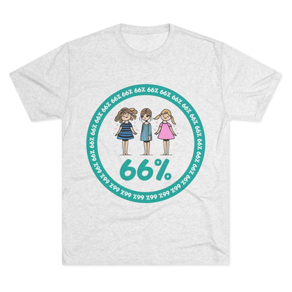 Flat-lay of tri-blend tee with three cartoon girls inside a teal 66% circle and repeating 66% border