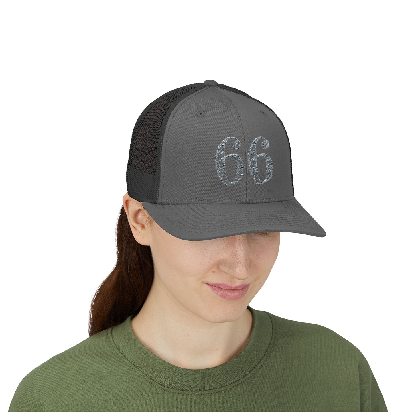 Mesh-back trucker hat with distressed ‘66’ printed on the front panel