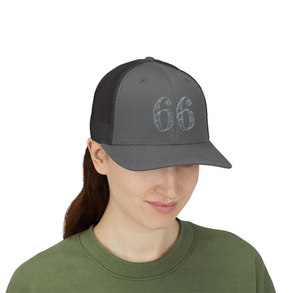 Mesh-back trucker hat with distressed ‘66’ printed on the front panel