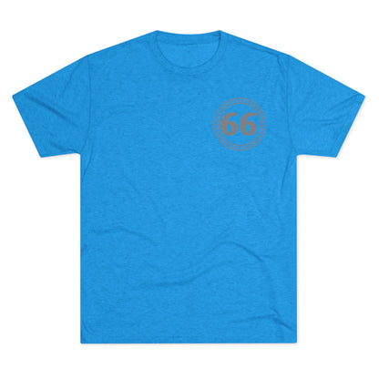 Retro 66% Tri-Blend Tee — flat-lay graphic t-shirt with circular 66 logo, heather blend, casual unisex style