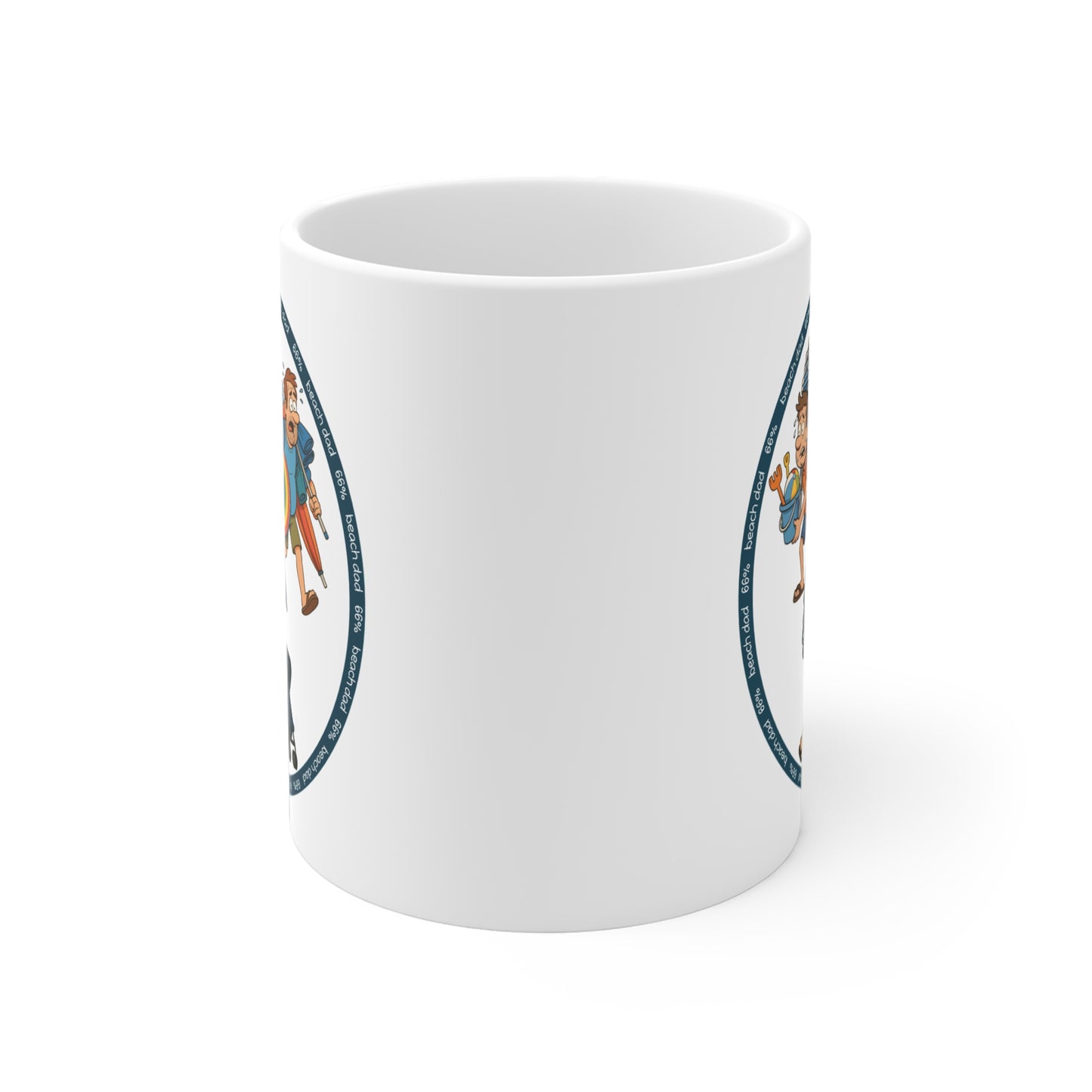 White 66% Beach Dad mug showcasing three overburdened cartoon dads hauling beach chairs, umbrellas, buckets and rings—a fun gift for fathers.