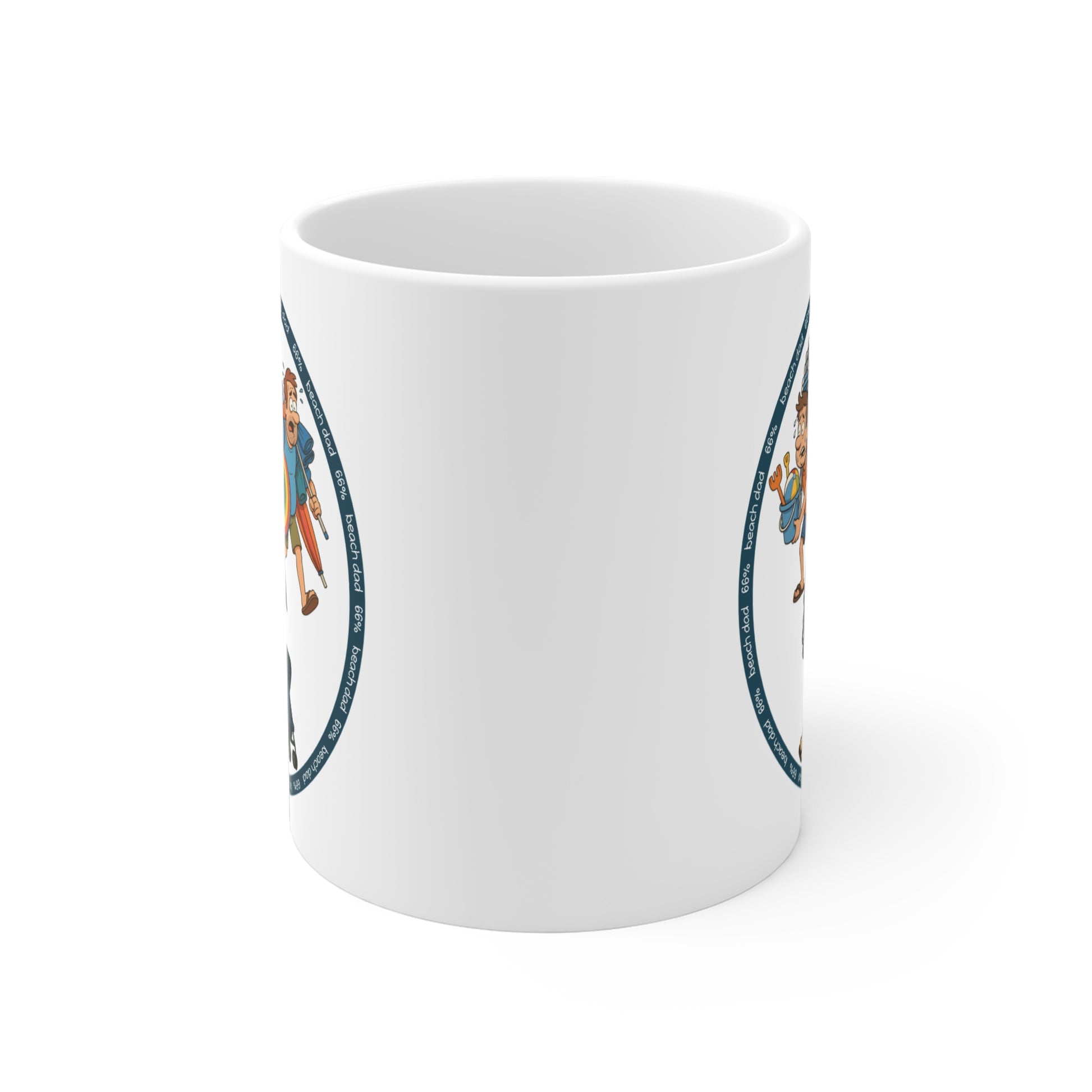 White 66% Beach Dad mug showcasing three overburdened cartoon dads hauling beach chairs, umbrellas, buckets and rings—a fun gift for fathers.