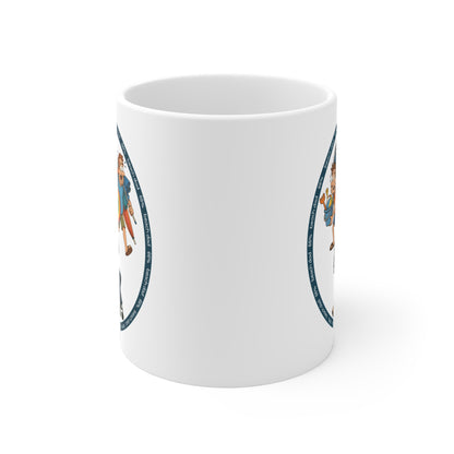 White 66% Beach Dad mug showcasing three overburdened cartoon dads hauling beach chairs, umbrellas, buckets and rings—a fun gift for fathers.