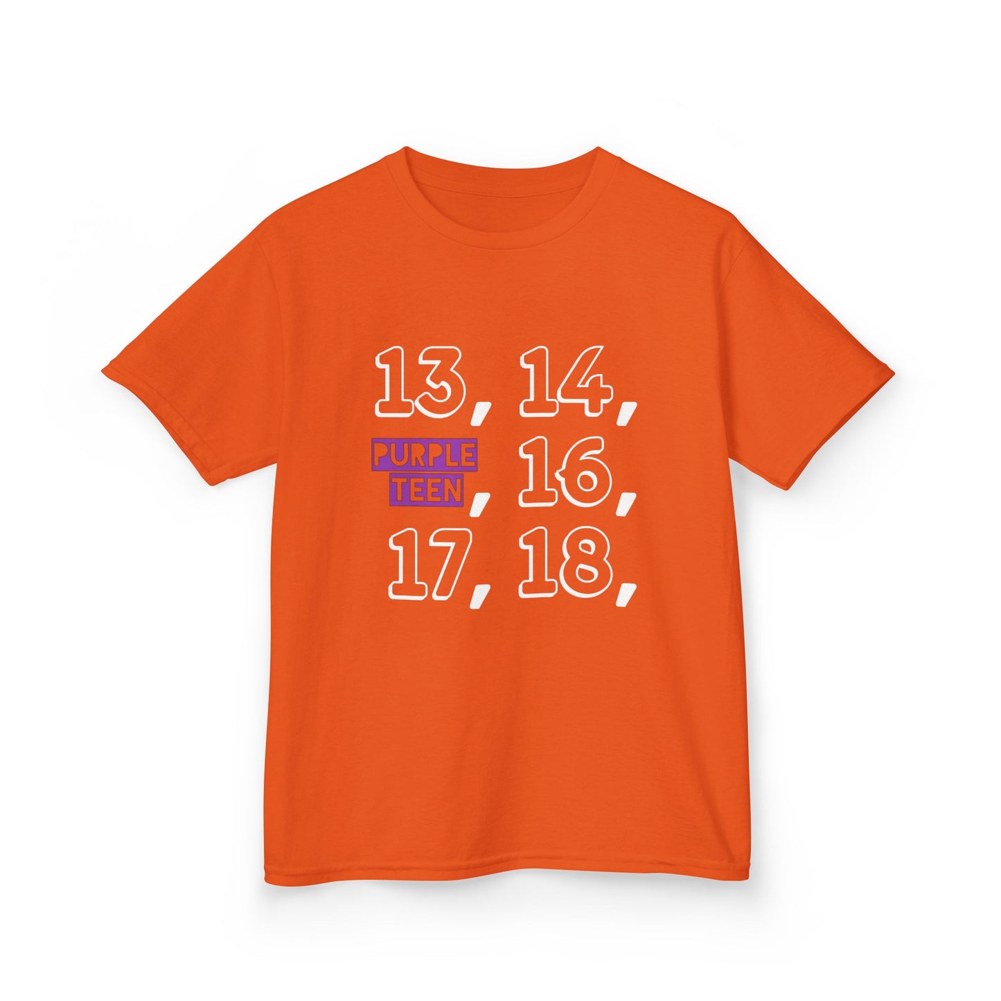 Orange t-shirt with numbers printed on a white background