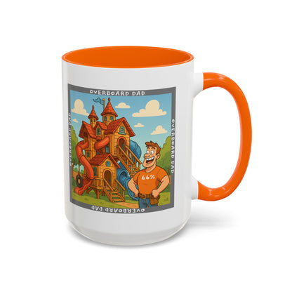 White ceramic mug printed with a cartoon dad wearing a ‘66%’ shirt standing beside a multi-level wooden playhouse with twisting slides, framed by the text ‘OVERBOARD DAD’.