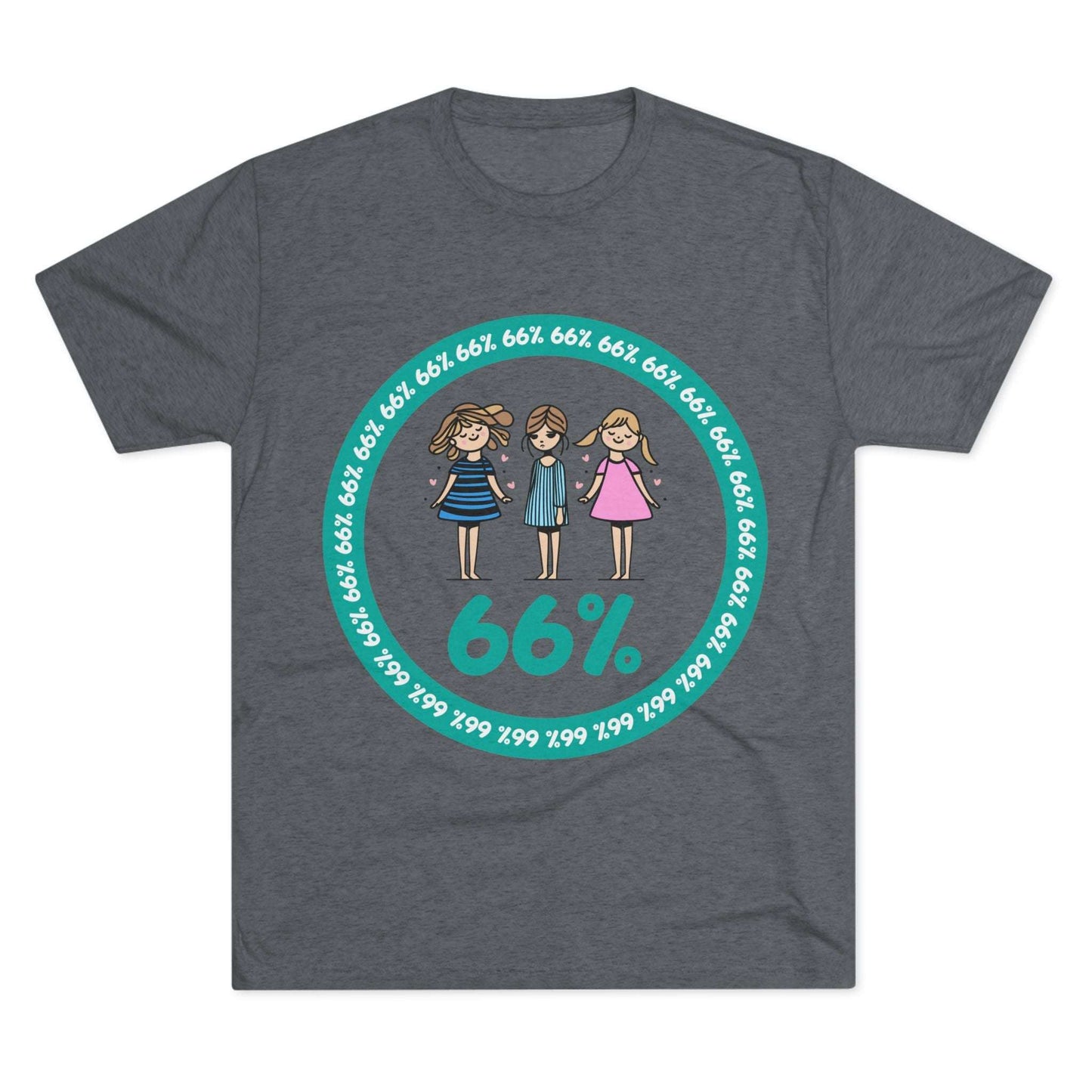 Flat-lay of tri-blend tee with three cartoon girls inside a teal 66% circle and repeating 66% border