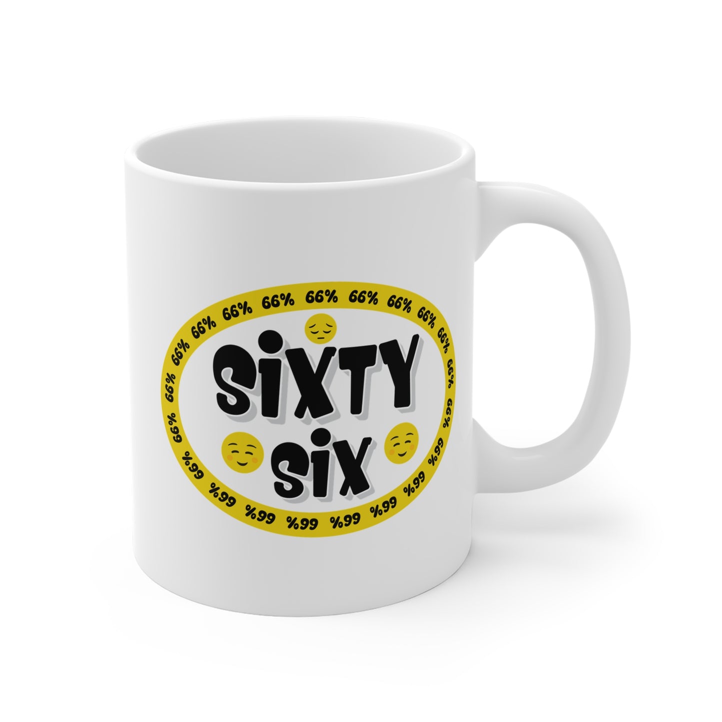 Graphic mug showing ‘Sixty Six’ in bold black type surrounded by a yellow border of small ‘66%’ repeats, with 2 cheerful emoji faces and 1 sad face.