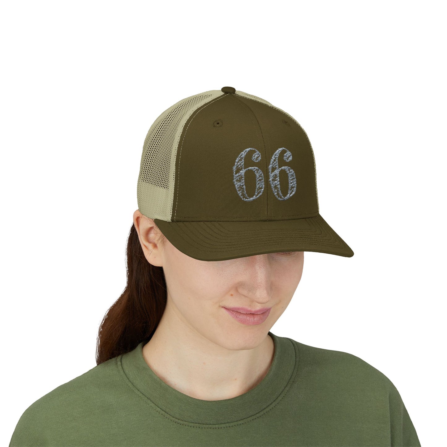 Mesh-back trucker hat with distressed ‘66’ printed on the front panel