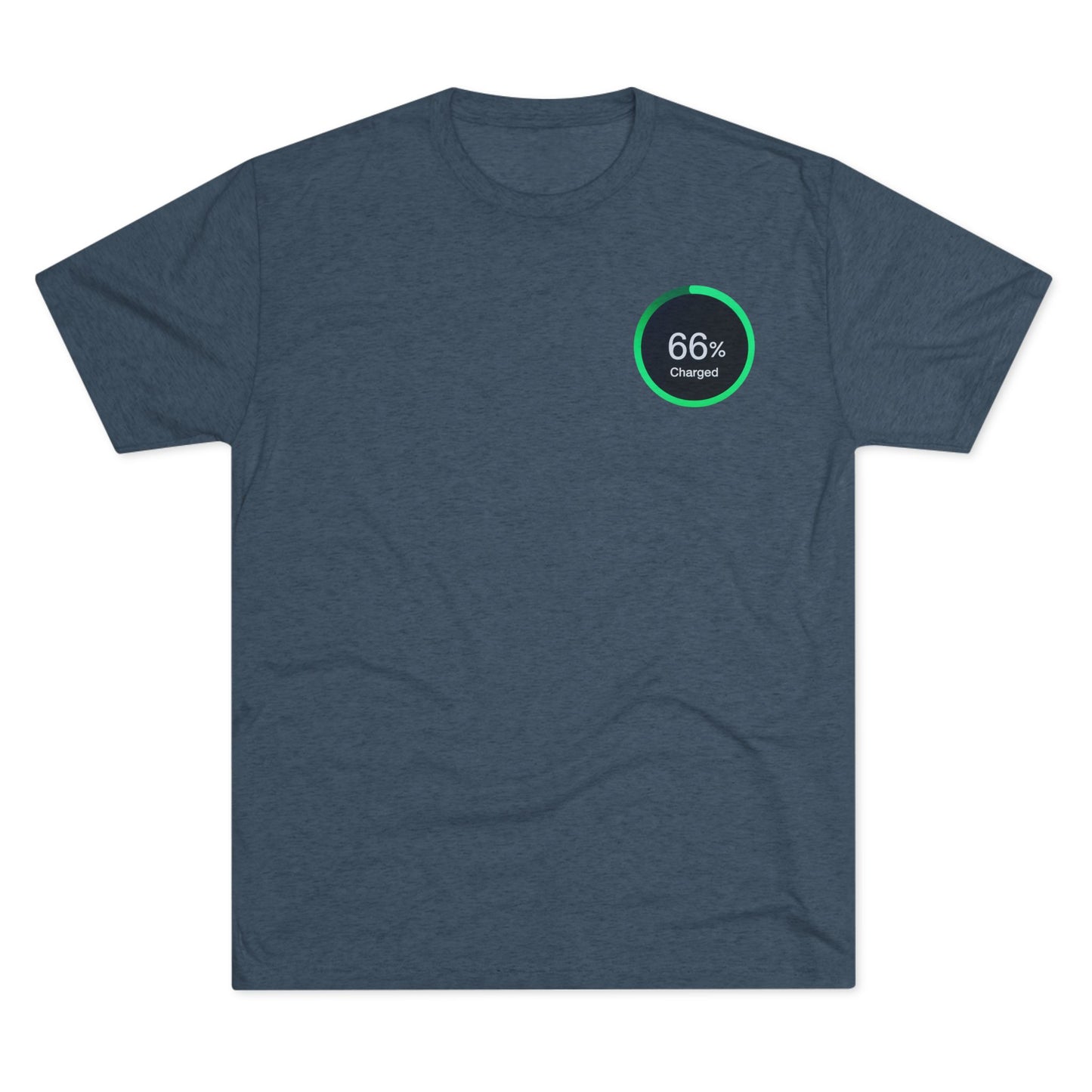Retro 66% Charged Tri-Blend Tee, showing a vibrant green circular battery gauge reading “66% Charged” 