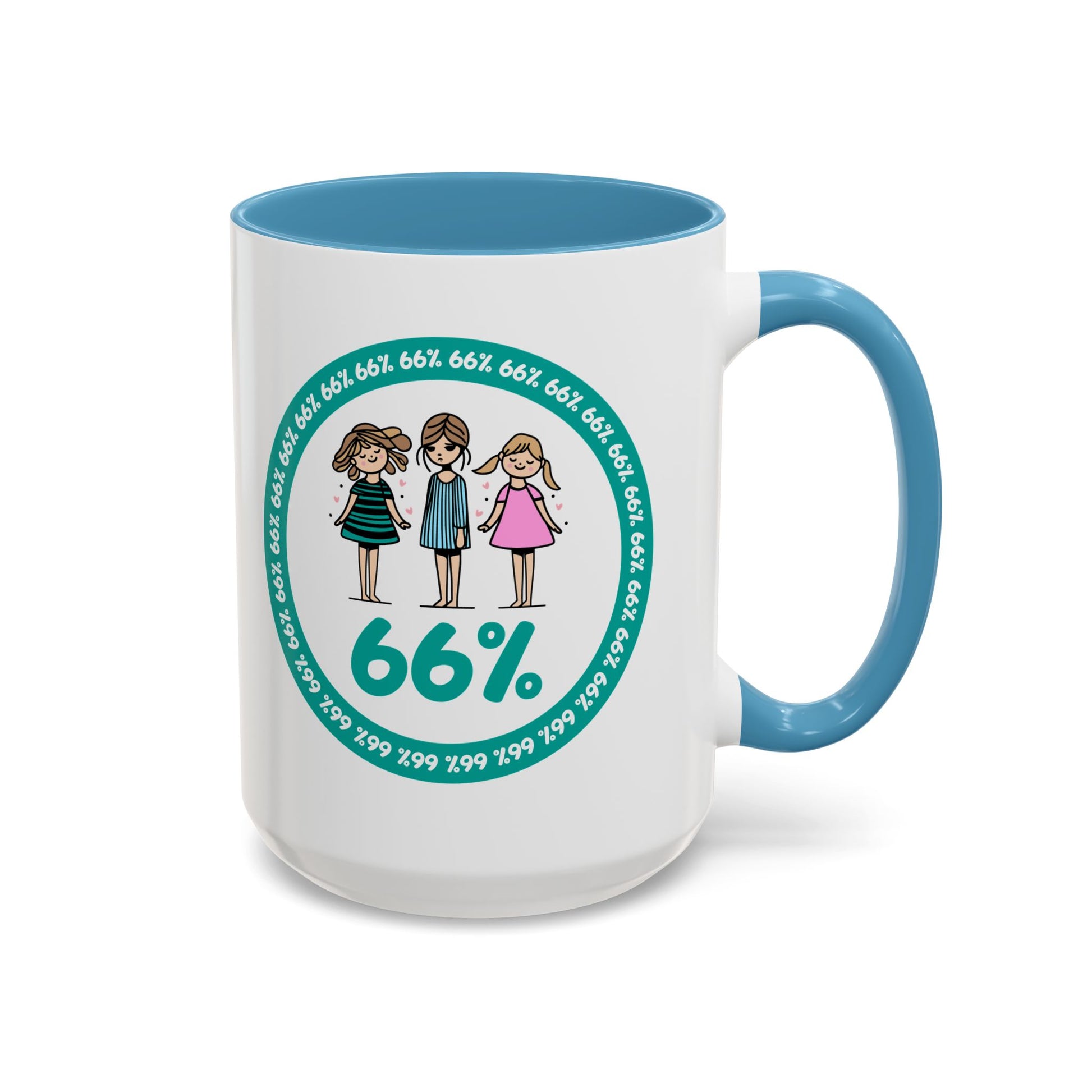 White 66% coffee mug with black handle, featuring three cute daughter illustrations in teal and pink—perfect gift for parents of three kids