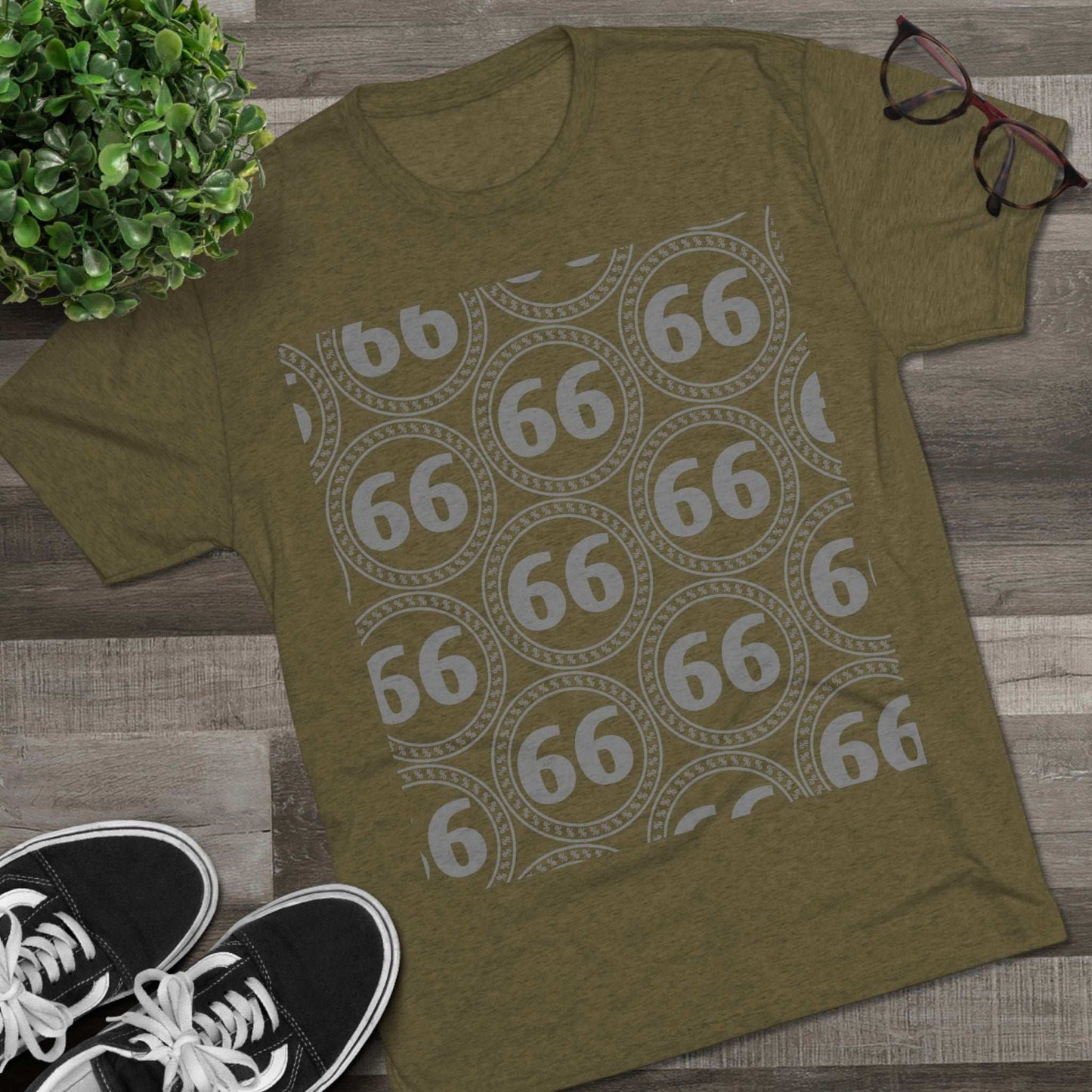 Retro 66% Pattern Tee— tri-blend graphic t-shirt flat-lay, repeating 66 circle pattern, casual vintage style.