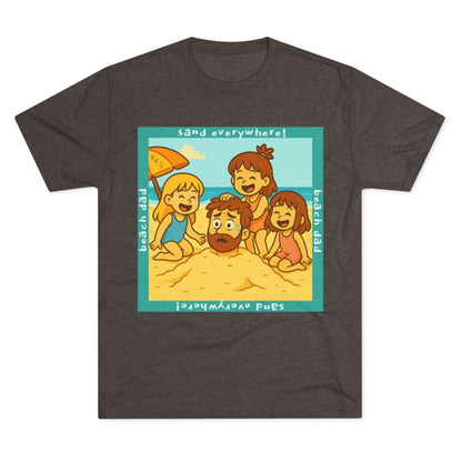 “Beach Dad Buried 66% Tri-Blend Tee — graphic tee flat-lay, cartoon dad sand-buried under umbrella, three kids playing, teal ‘sand everywhere!’ square border, ‘beach dad’ text, unisex casual style.