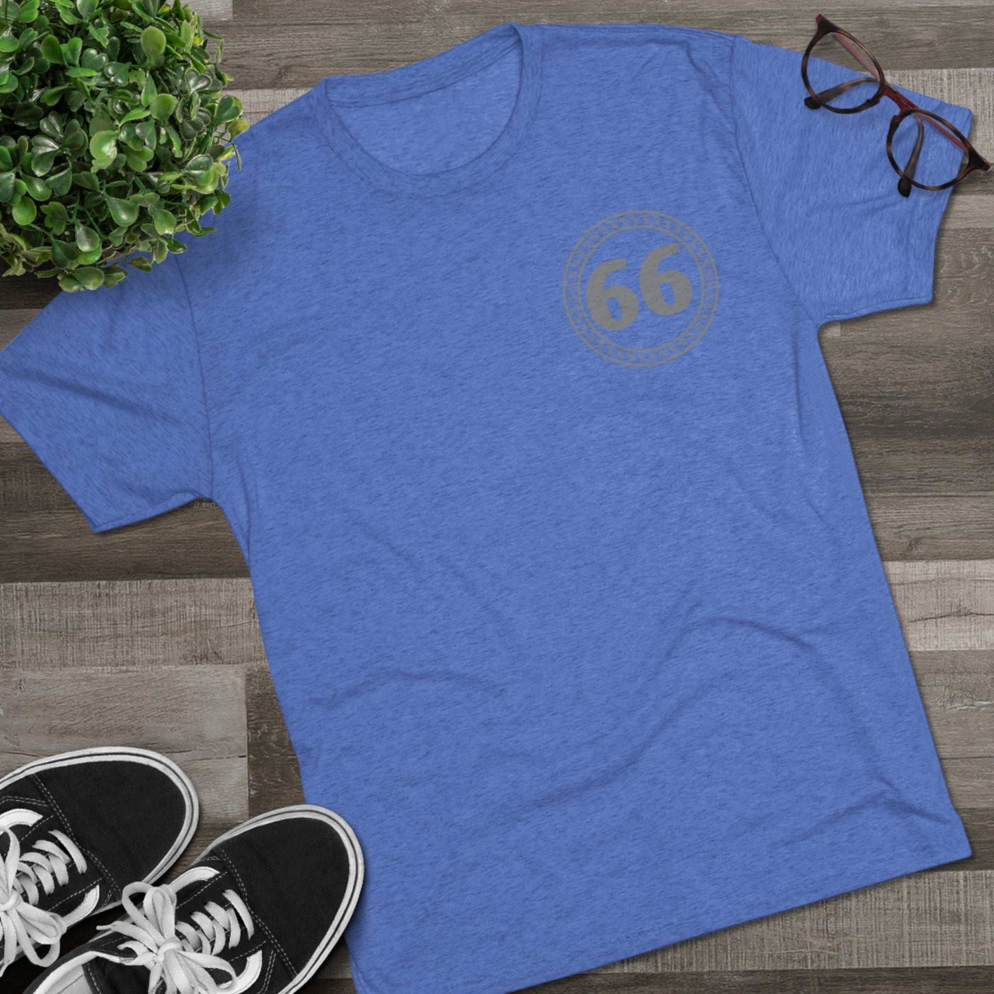Retro 66% Tri-Blend Tee — flat-lay graphic t-shirt with circular 66 logo, heather blend, casual unisex style