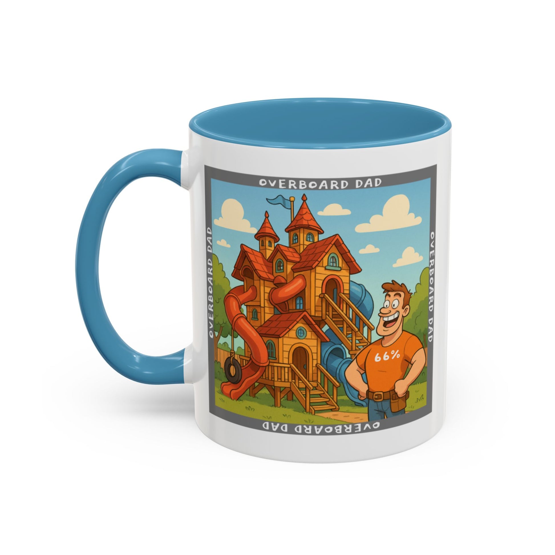 White ceramic mug printed with a cartoon dad wearing a ‘66%’ shirt standing beside a multi-level wooden playhouse with twisting slides, framed by the text ‘OVERBOARD DAD’.