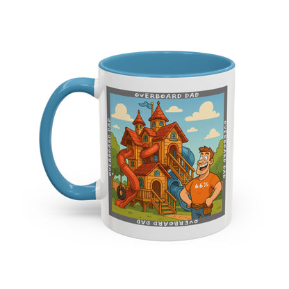 White ceramic mug printed with a cartoon dad wearing a ‘66%’ shirt standing beside a multi-level wooden playhouse with twisting slides, framed by the text ‘OVERBOARD DAD’.