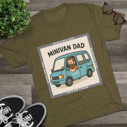 Minivan Dad 66% Tri-Blend Tee — graphic tee flat-lay, cartoon dad driving blue minivan, ‘66%’ decal, gray ‘MINIVAN DAD’ square border, casual unisex style.