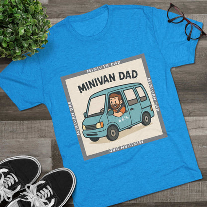 Minivan Dad 66% Tri-Blend Tee — graphic tee flat-lay, cartoon dad driving blue minivan, ‘66%’ decal, gray ‘MINIVAN DAD’ square border, casual unisex style.