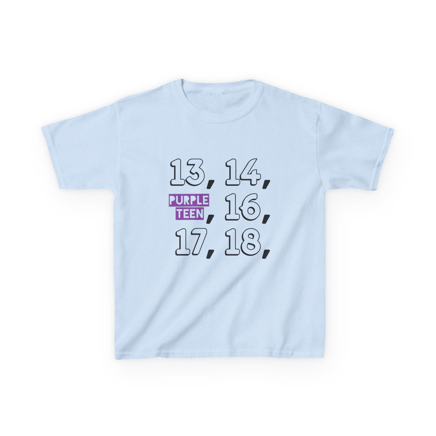 Light blue t-shirt with black and purple text on a white background