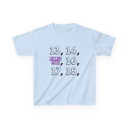Light blue t-shirt with black and purple text on a white background