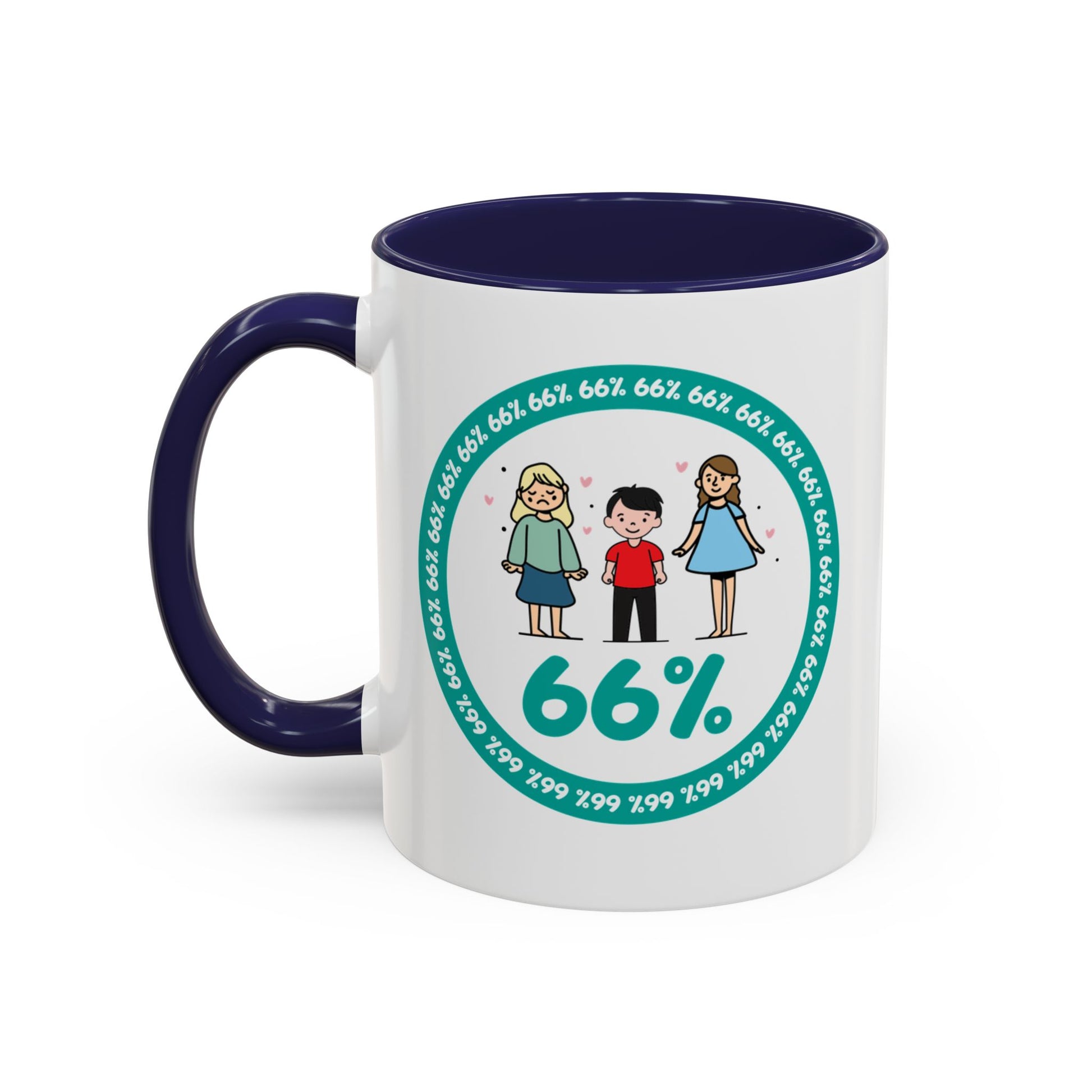 White mug with blue handle showing a graphic: a teal circle of repeating ‘66%’ text, three cartoon kids inside the circle, and a prominent ‘66%’ at the bottom.