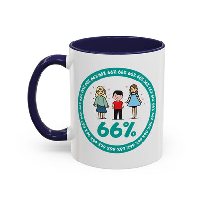 White mug with blue handle showing a graphic: a teal circle of repeating ‘66%’ text, three cartoon kids inside the circle, and a prominent ‘66%’ at the bottom.
