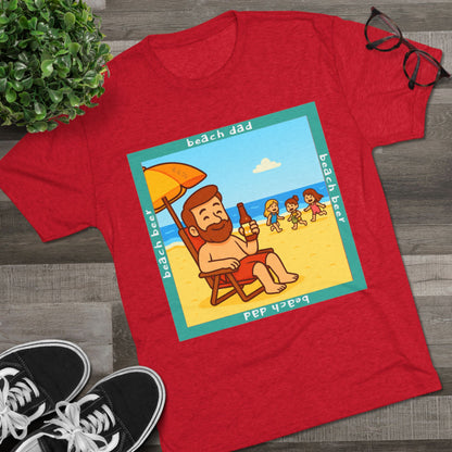 Beach Dad drinking beer on the sand with kids playing – 66% Tri-Blend Tee