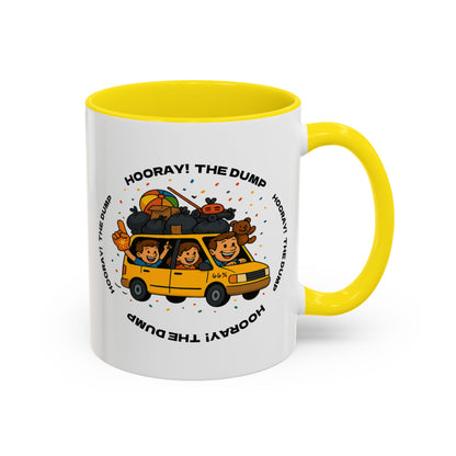 Cartoon yellow “66%” minivan mug decal with roof piled high in trash bags, lawnmower and beach ball, plus a smiling dad and two waving daughters amid confetti.