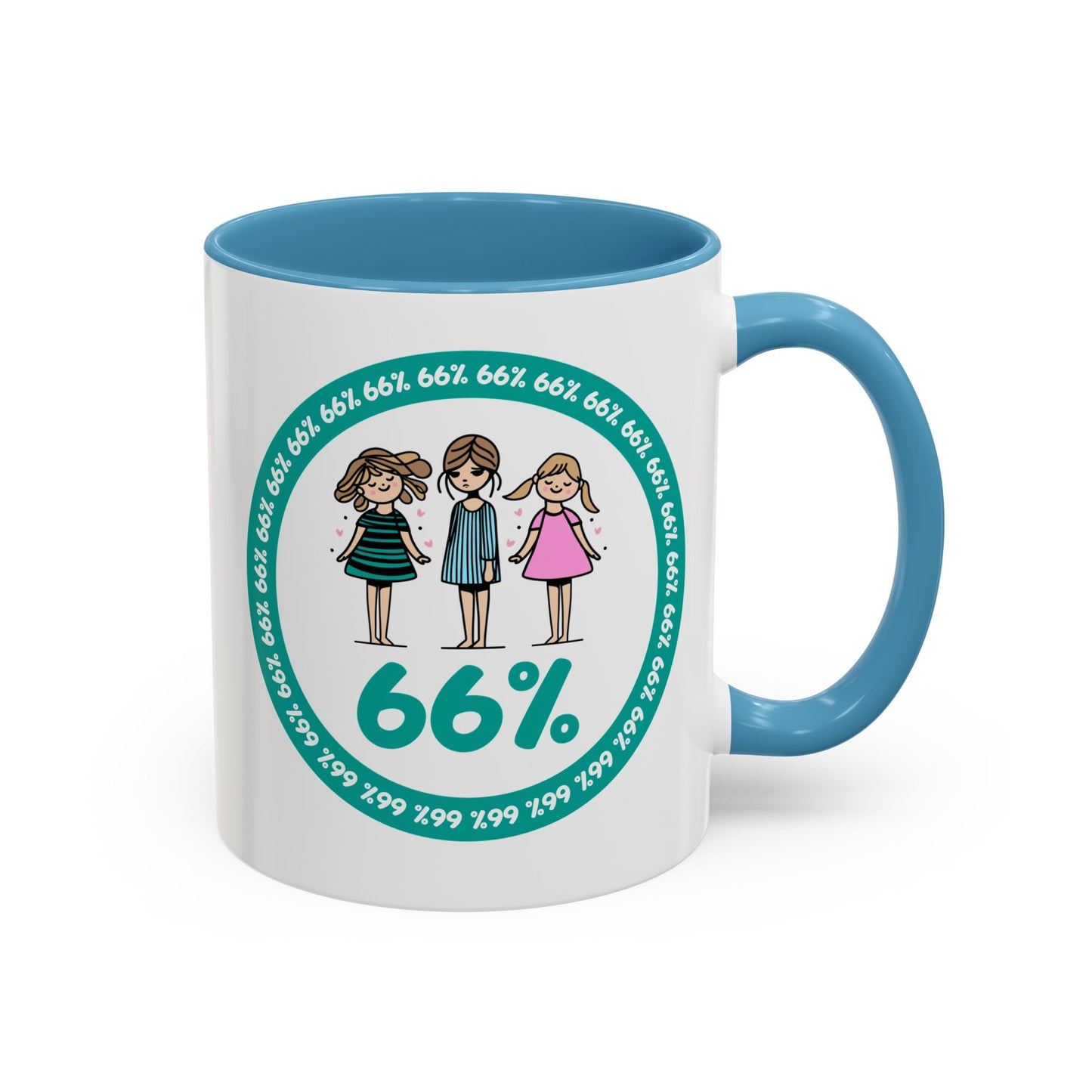 White 66% coffee mug with black handle, featuring three cute daughter illustrations in teal and pink—perfect gift for parents of three kids