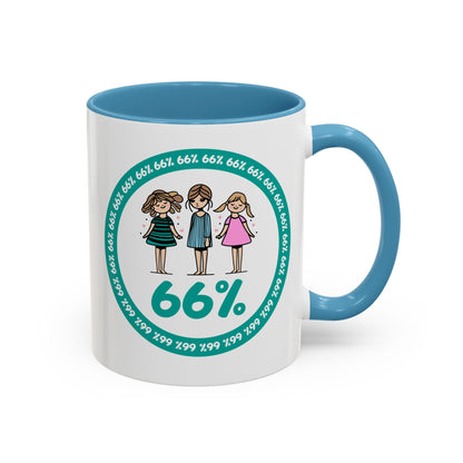 White 66% coffee mug with black handle, featuring three cute daughter illustrations in teal and pink—perfect gift for parents of three kids