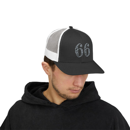 Mesh-back trucker hat with distressed ‘66’ printed on the front panel