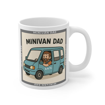 Novelty Minivan Dad coffee mug: white ceramic cup printed with a cheerful father behind the wheel of his minivan and repeating ‘Minivan Dad’ border text.