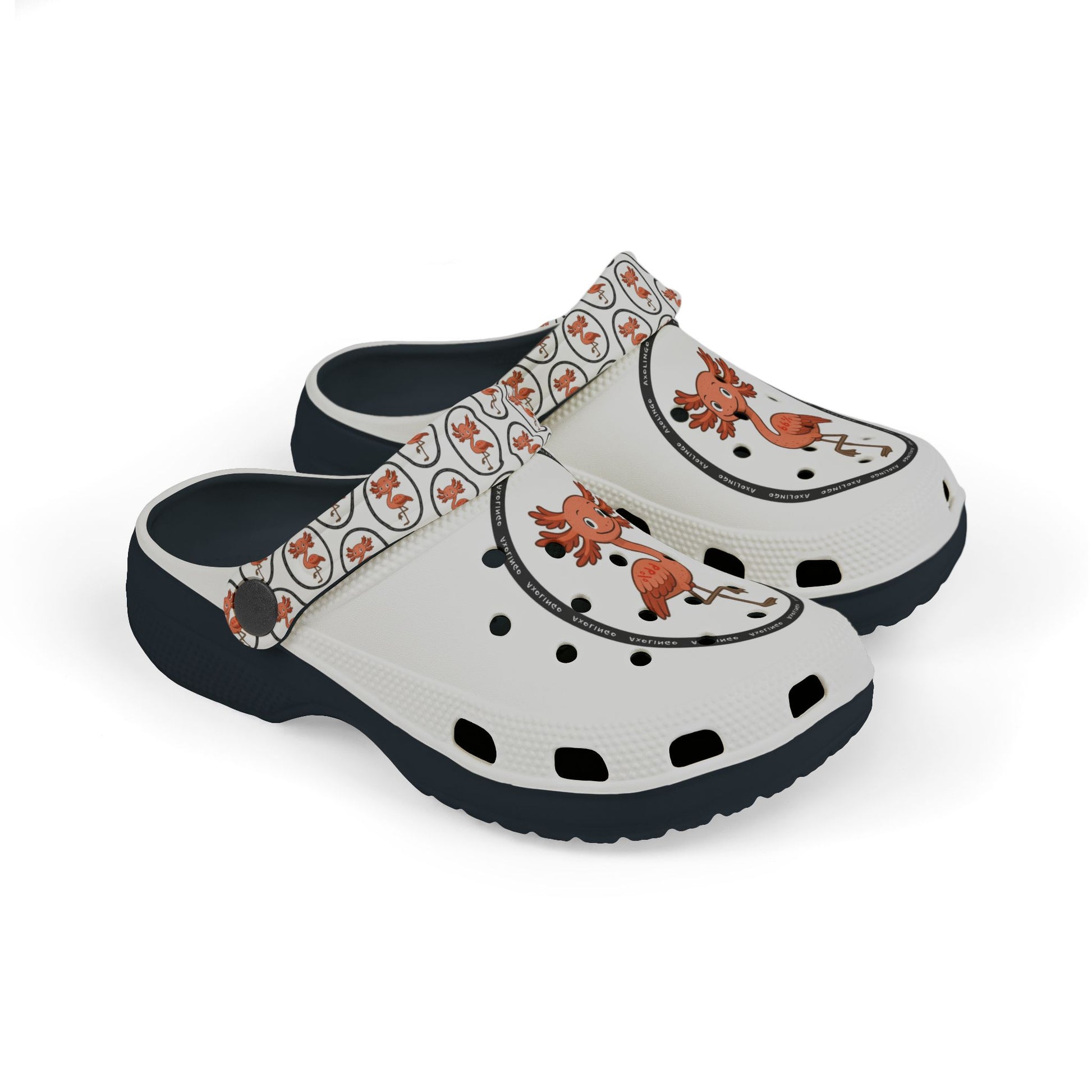 White rubber clogs worn with white-and-black striped socks, each shoe decorated with a round logo depicting a happy orange axolingo and the word ‘AXOLINGO’ repeated around the edge