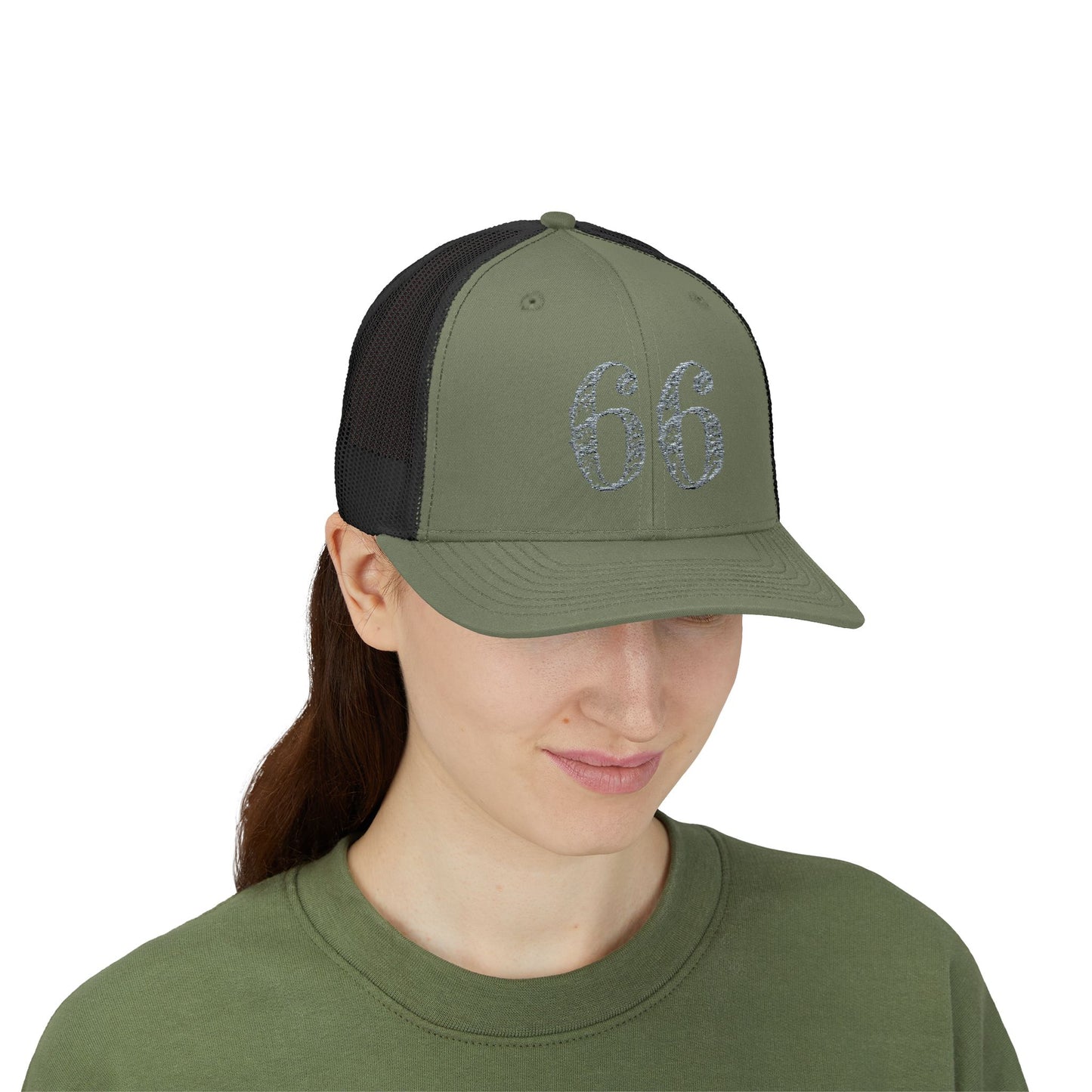 Mesh-back trucker hat with distressed ‘66’ printed on the front panel