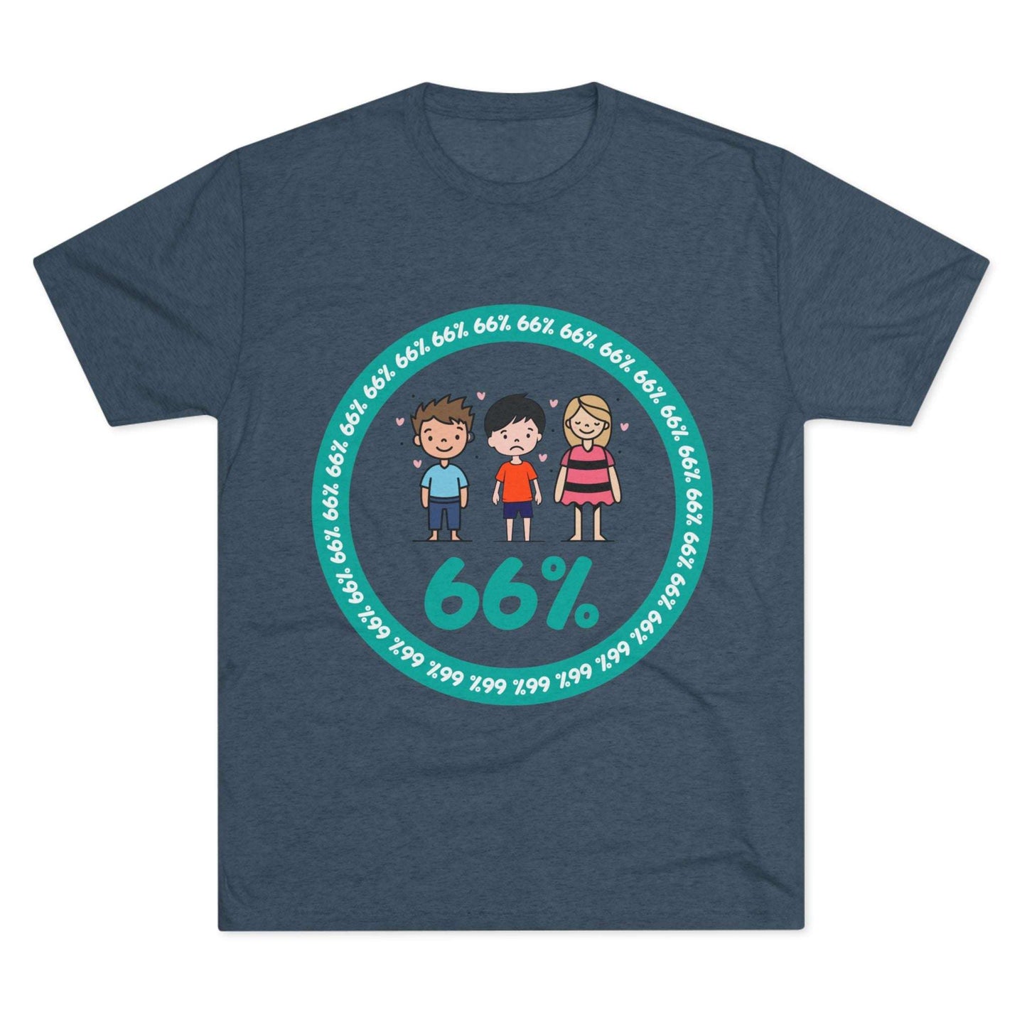 Flat-lay of tri-blend tee with two cartoon boys and one girl inside a teal 66% circle and repeating 66% border