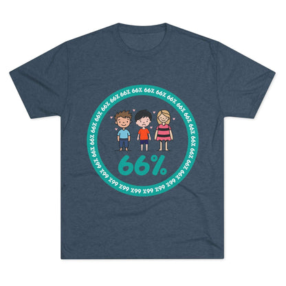 Flat-lay of tri-blend tee with two cartoon boys and one girl inside a teal 66% circle and repeating 66% border