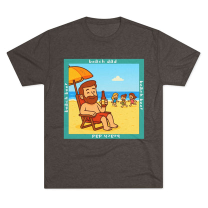 Beach Dad drinking beer on the sand with kids playing – 66% Tri-Blend Tee