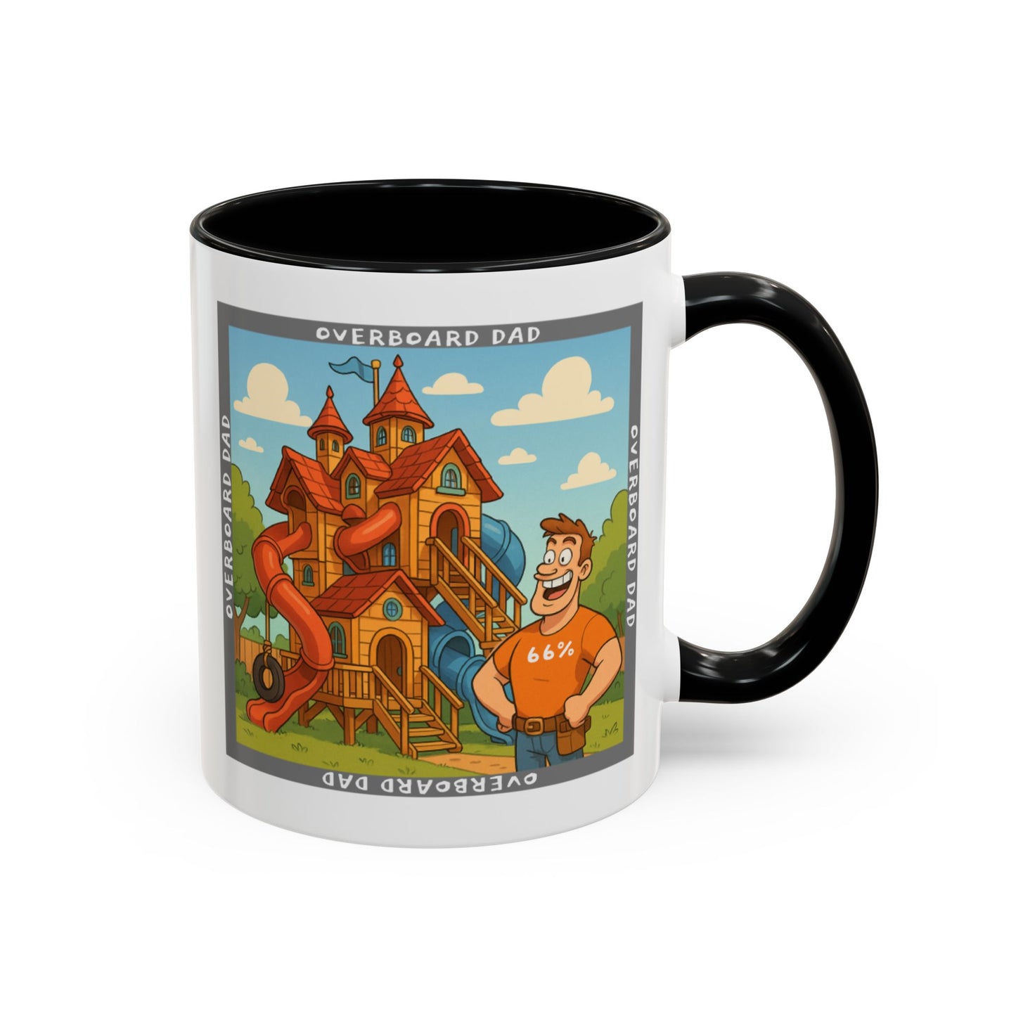 White ceramic mug printed with a cartoon dad wearing a ‘66%’ shirt standing beside a multi-level wooden playhouse with twisting slides, framed by the text ‘OVERBOARD DAD’.