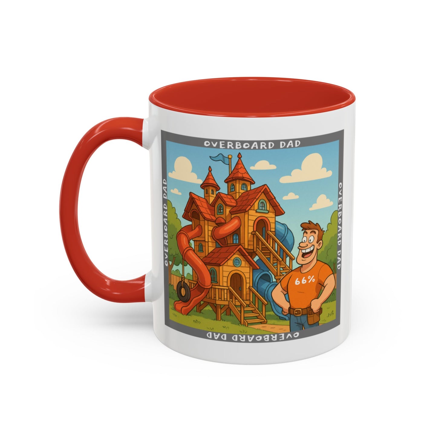 White ceramic mug printed with a cartoon dad wearing a ‘66%’ shirt standing beside a multi-level wooden playhouse with twisting slides, framed by the text ‘OVERBOARD DAD’.