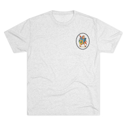 Tri-blend tee featuring large central circular graphic of overwhelmed ‘Beach Dad’ loaded down with chairs, umbrella, floatie and towels, with ‘66% beach dad’ ring