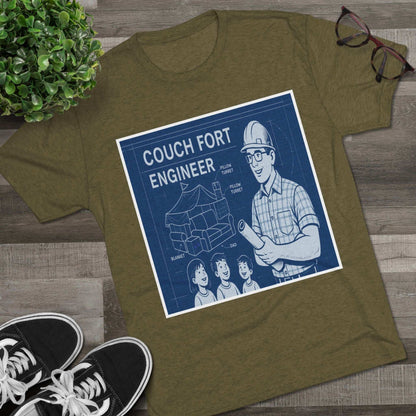 Couch Fort Engineer T-Shirt —Blueprint-style schematic of a couch fort with labeled pillows and blanket, plus a hard-hat dad holding plans.